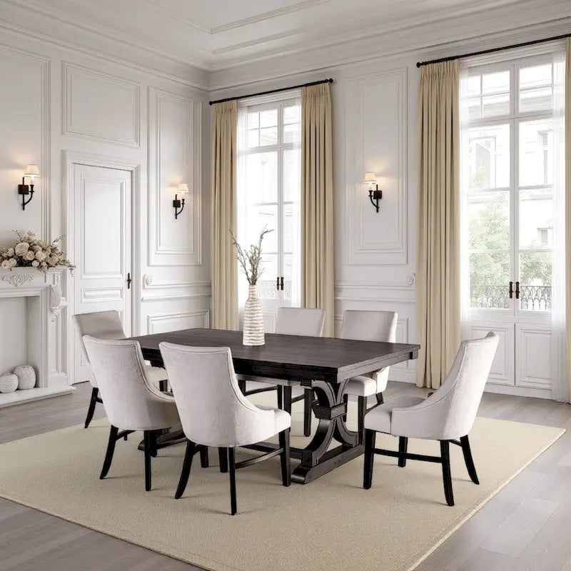 Luke 7pc Dining Table Set with 6 Wingback Chairs, Rectangular, Black, Beige