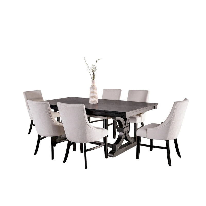 Set da pranzo da 7 pezzi con 6 sedie Wingback, rettangolare, nero, beige
