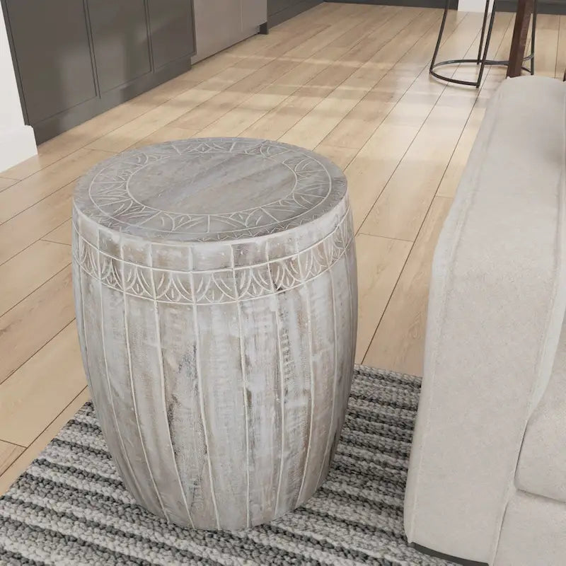 Tavolino Serenity con piano rotondo da 16 pollici, in legno di mango bianco anticato