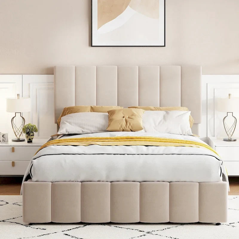Letto imbottito con sistema di sollevamento idraulico e vano contenitore