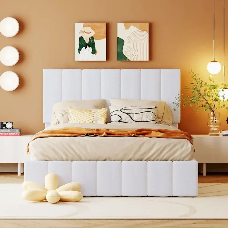 Letto imbottito con sistema di sollevamento idraulico e vano contenitore