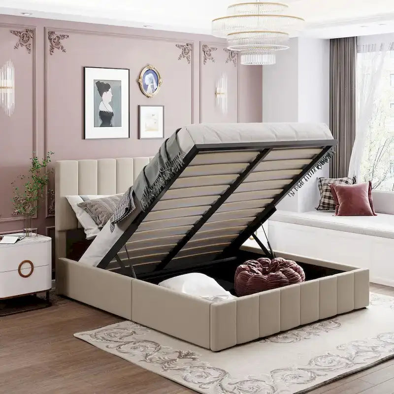 Letto imbottito con sistema di sollevamento idraulico e vano contenitore