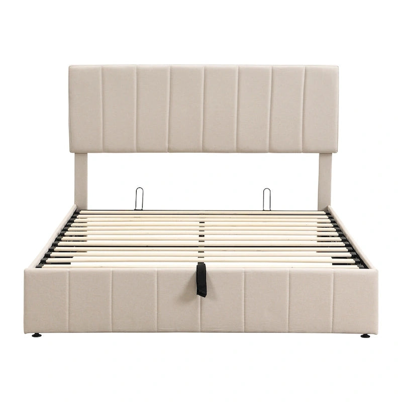 Letto imbottito con sistema di sollevamento idraulico e vano contenitore