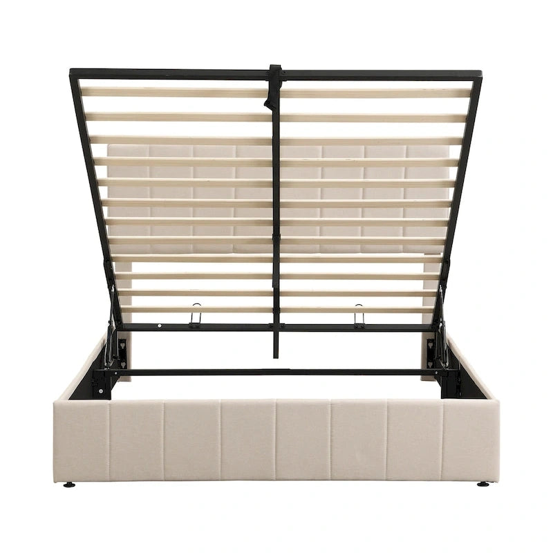 Letto imbottito con sistema di sollevamento idraulico e vano contenitore