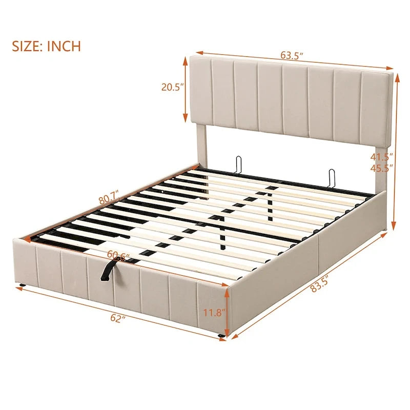 Letto imbottito con sistema di sollevamento idraulico e vano contenitore