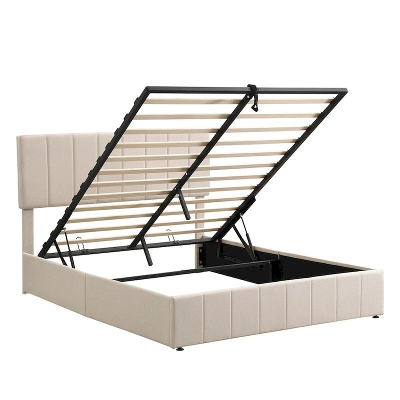 Letto imbottito con sistema di sollevamento idraulico e vano contenitore
