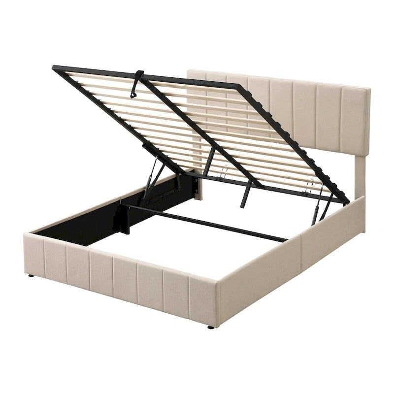 Letto imbottito con sistema di sollevamento idraulico e vano contenitore