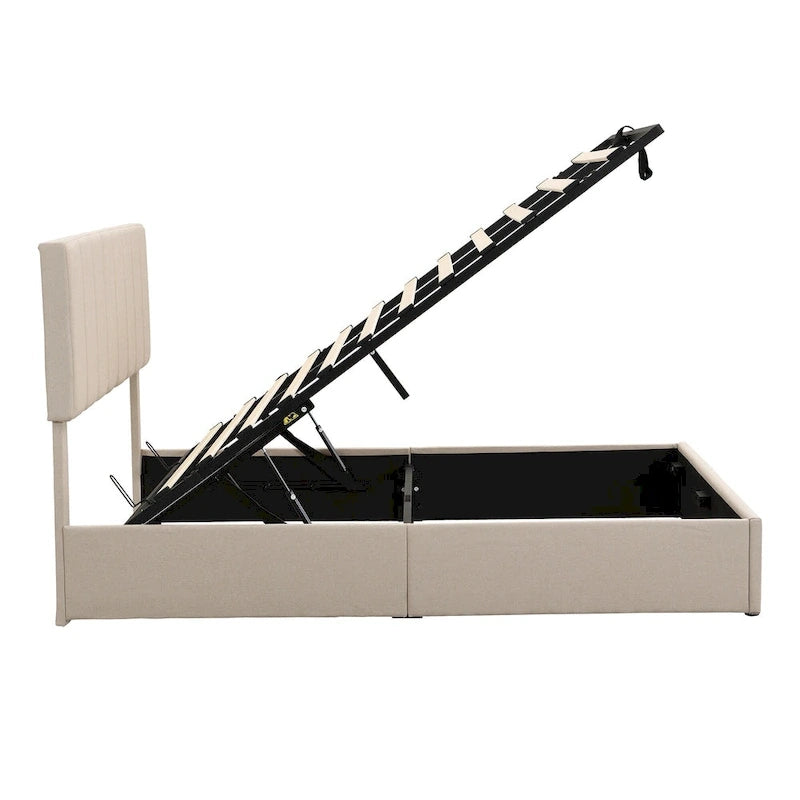 Letto imbottito con sistema di sollevamento idraulico e vano contenitore