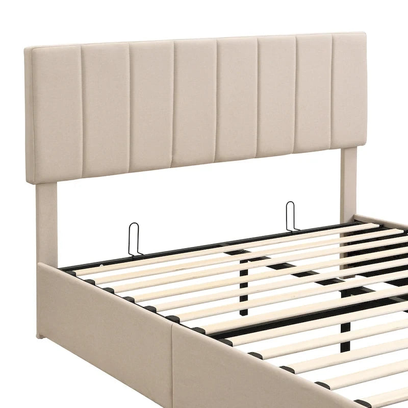 Letto imbottito con sistema di sollevamento idraulico e vano contenitore