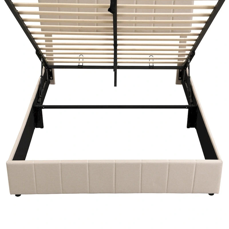 Letto imbottito con sistema di sollevamento idraulico e vano contenitore