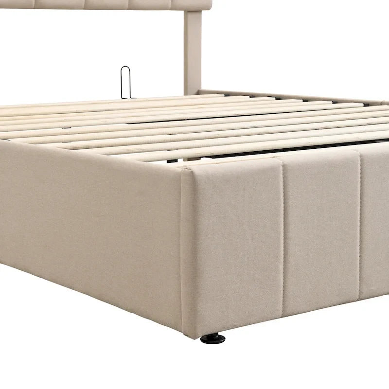 Letto imbottito con sistema di sollevamento idraulico e vano contenitore