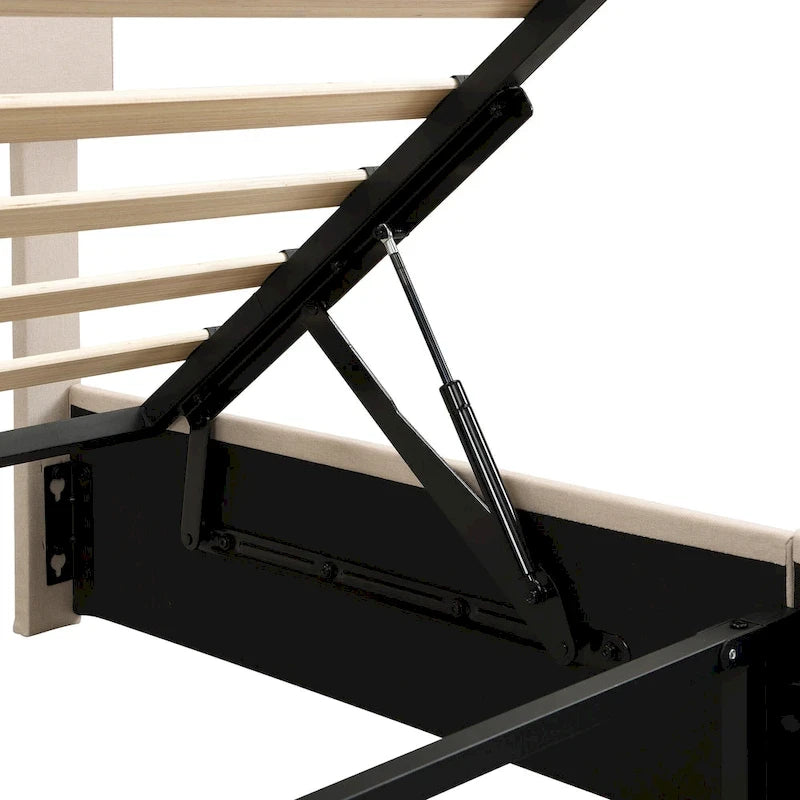 Letto imbottito con sistema di sollevamento idraulico e vano contenitore