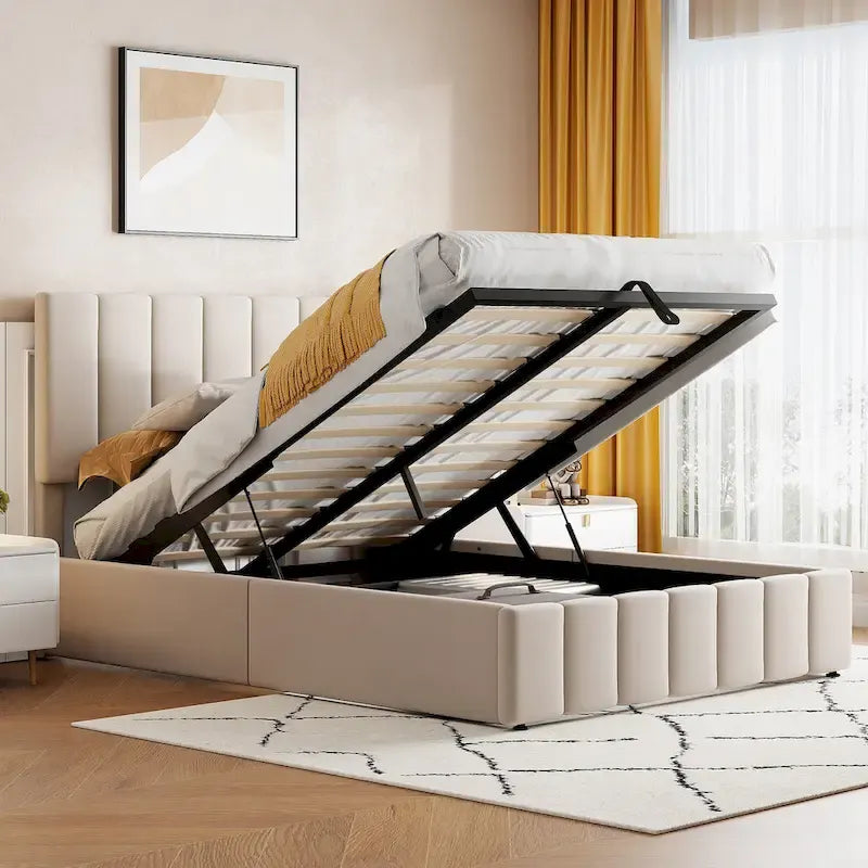Letto imbottito con sistema di sollevamento idraulico e vano contenitore