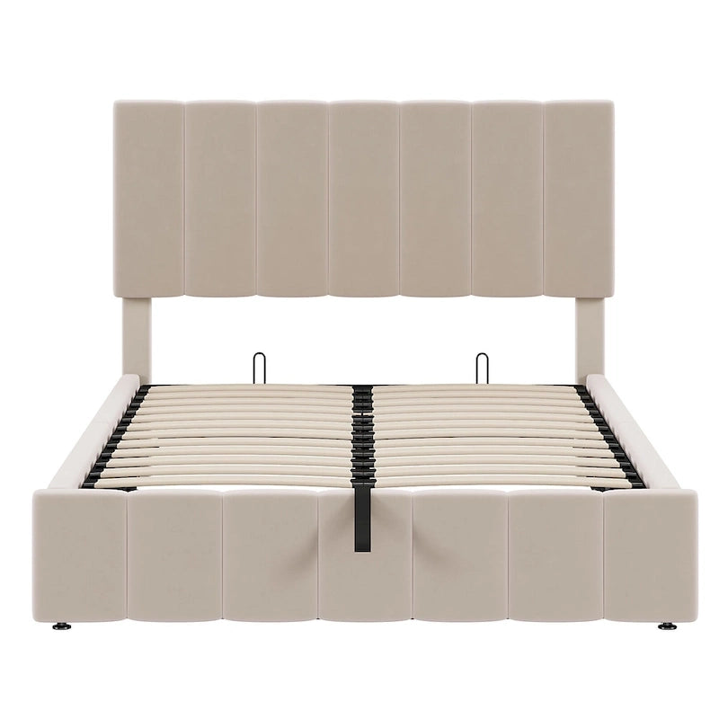 Letto imbottito con sistema di sollevamento idraulico e vano contenitore