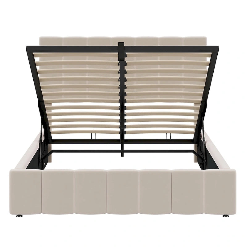 Letto imbottito con sistema di sollevamento idraulico e vano contenitore
