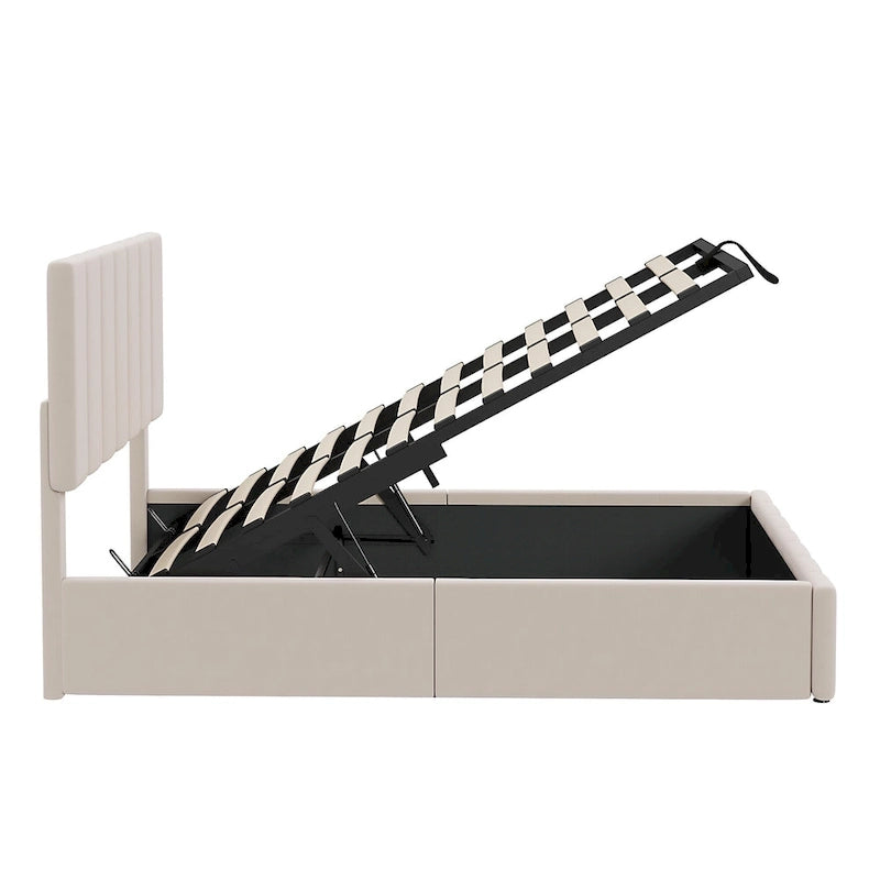 Letto imbottito con sistema di sollevamento idraulico e vano contenitore
