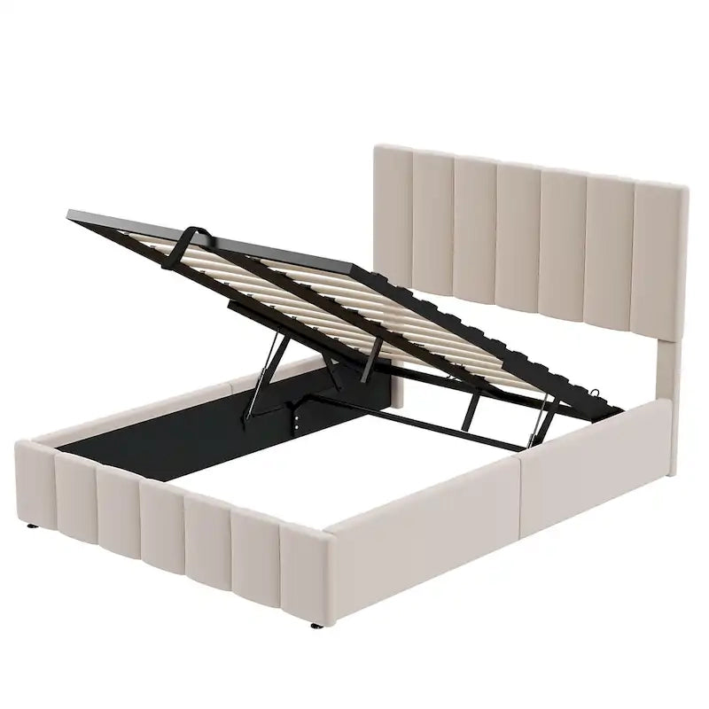 Letto imbottito con sistema di sollevamento idraulico e vano contenitore