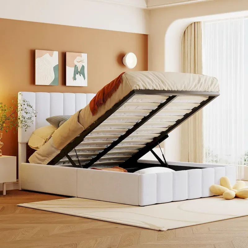 Letto imbottito con sistema di sollevamento idraulico e vano contenitore