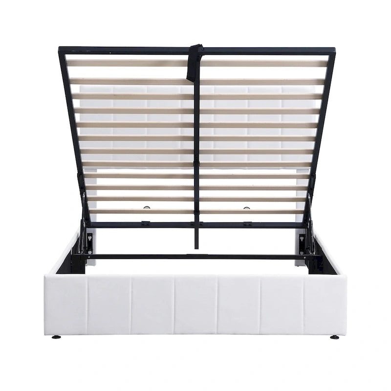 Letto imbottito con sistema di sollevamento idraulico e vano contenitore