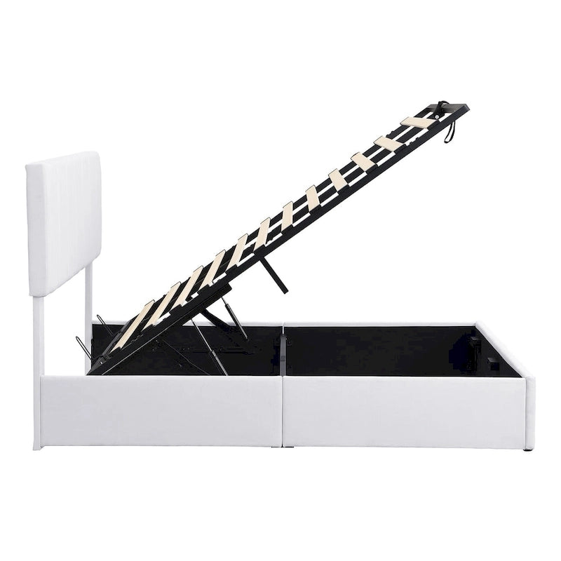 Letto imbottito con sistema di sollevamento idraulico e vano contenitore