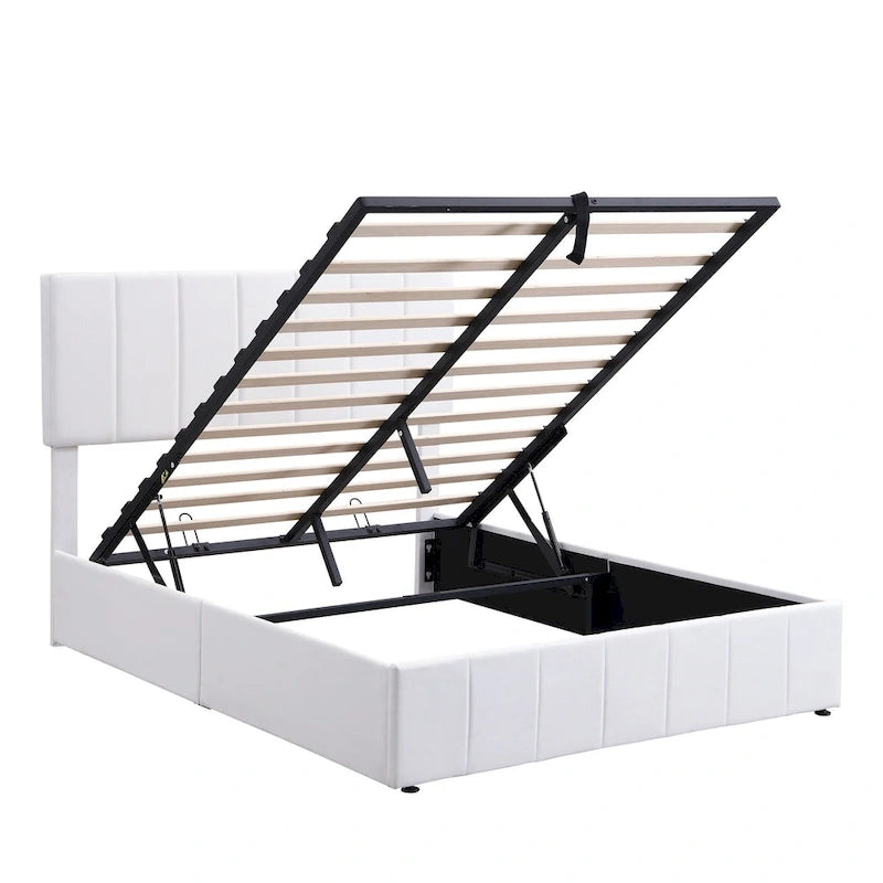 Letto imbottito con sistema di sollevamento idraulico e vano contenitore