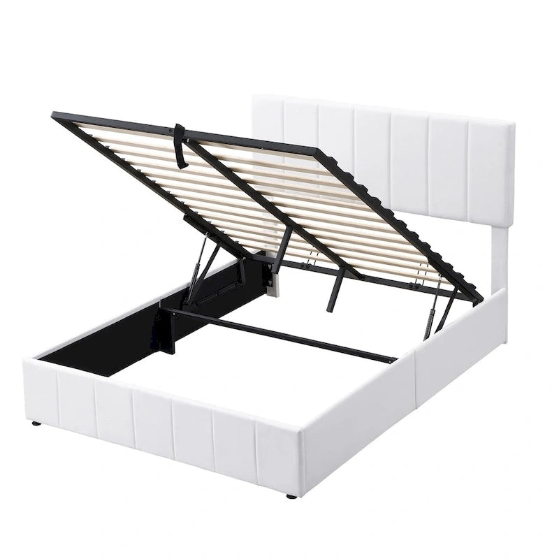 Letto imbottito con sistema di sollevamento idraulico e vano contenitore