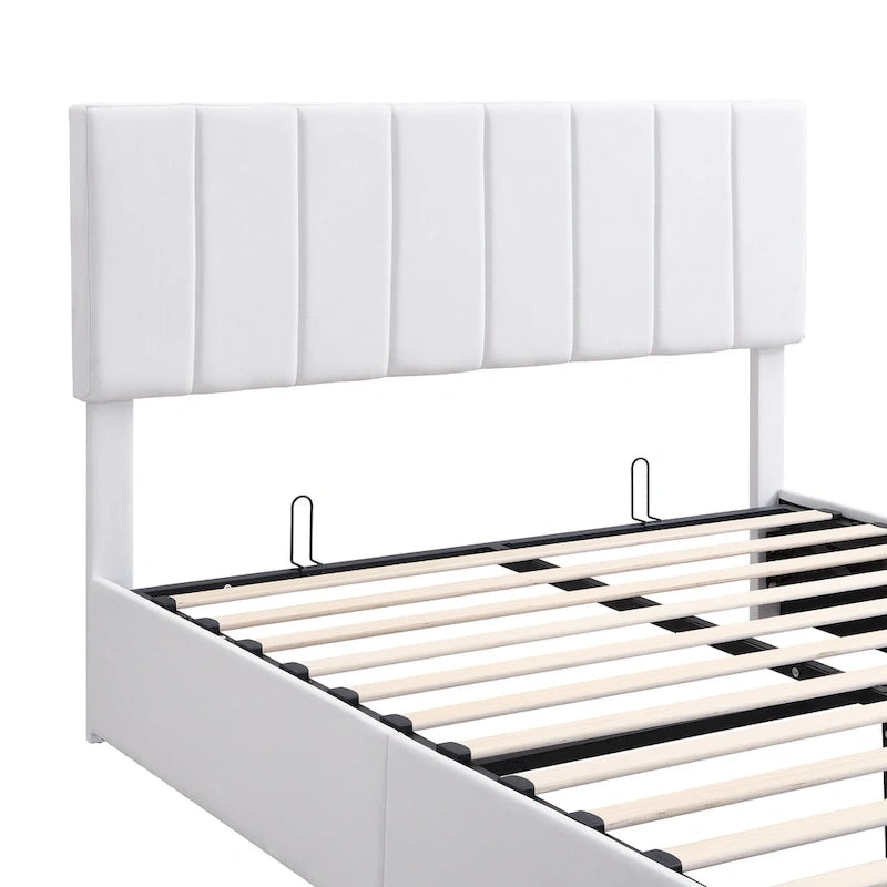 Letto imbottito con sistema di sollevamento idraulico e vano contenitore
