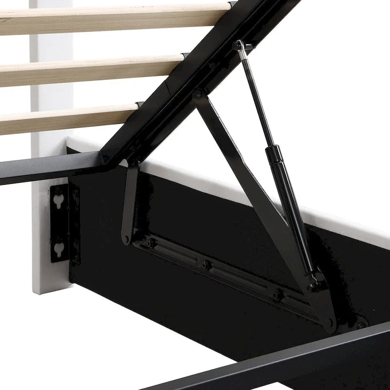 Letto imbottito con sistema di sollevamento idraulico e vano contenitore
