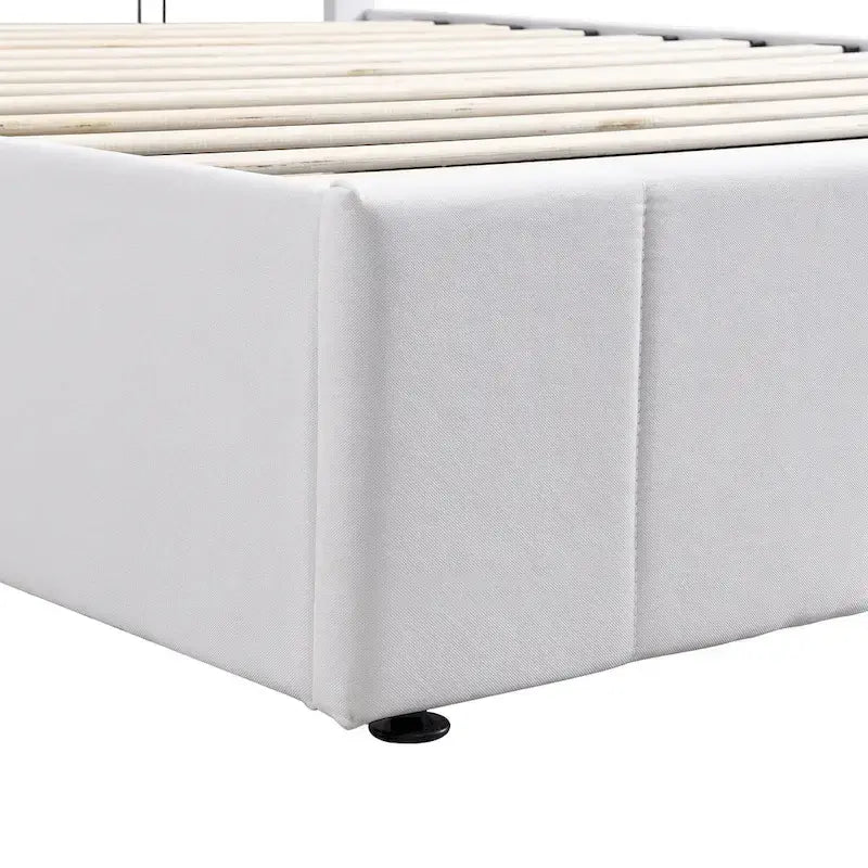 Letto imbottito con sistema di sollevamento idraulico e vano contenitore