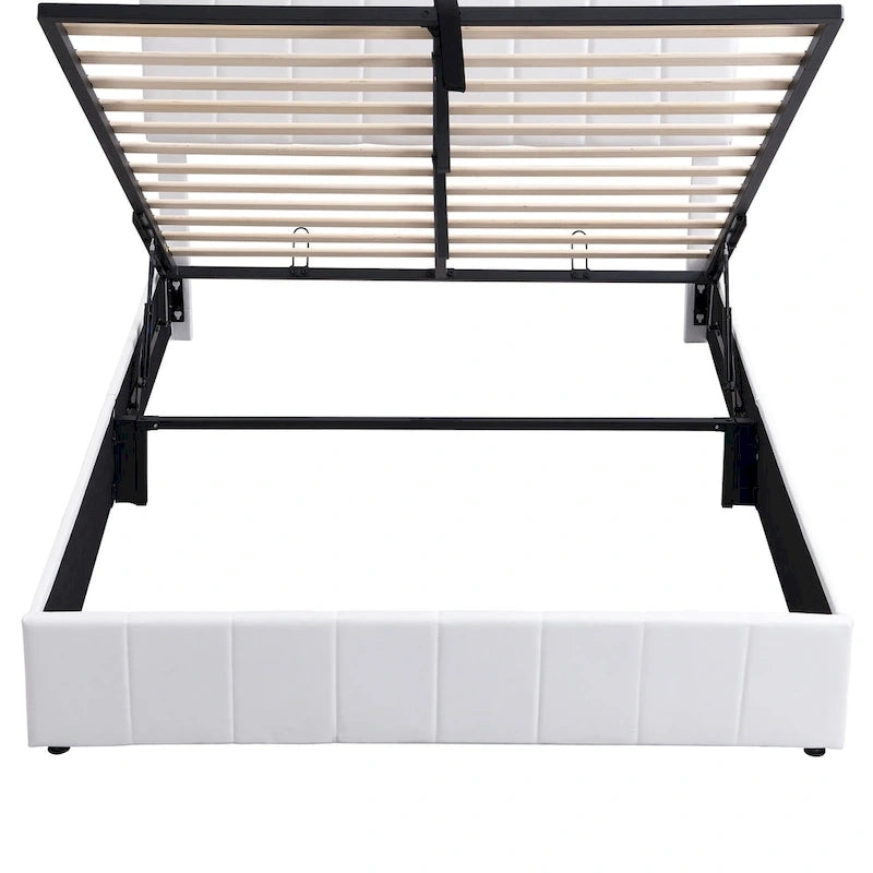 Letto imbottito con sistema di sollevamento idraulico e vano contenitore