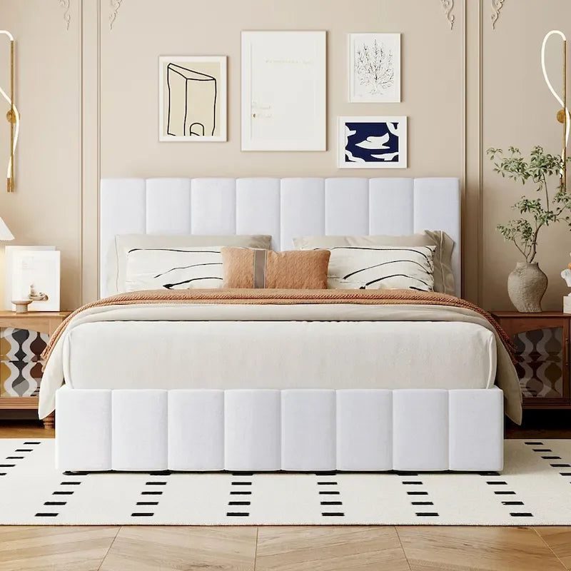 Letto imbottito con sistema di sollevamento idraulico e vano contenitore