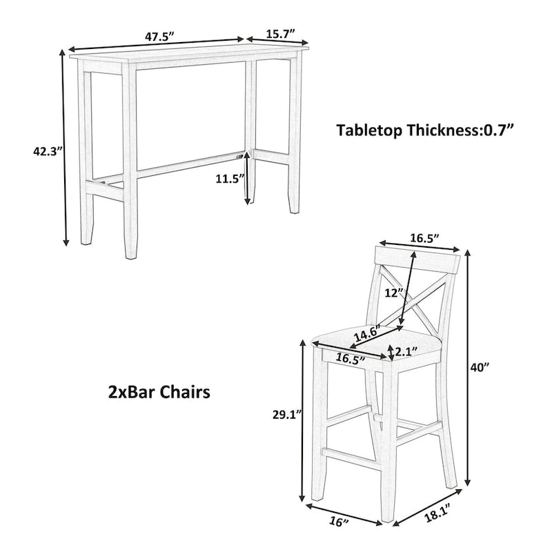 Set da pranzo da 3 pezzi in stile rustico con tavolo rettangolare e 2 sedie