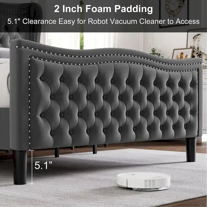 Letto a piattaforma moderno King Size in velluto con testiera imbottita
