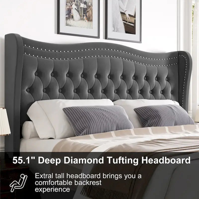 Letto a piattaforma moderno King Size in velluto con testiera imbottita