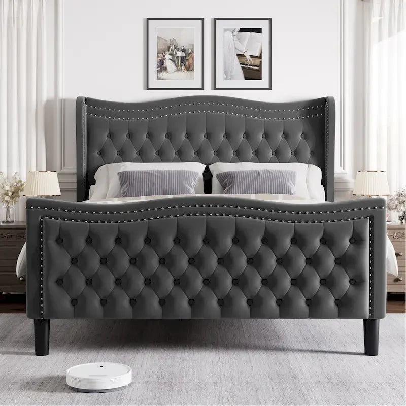 Letto a piattaforma moderno King Size in velluto con testiera imbottita