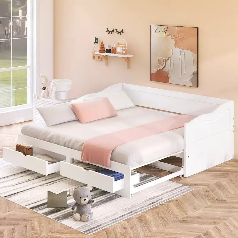 Divano letto allungabile in legno di pino bianco con 2 cassetti portaoggetti
