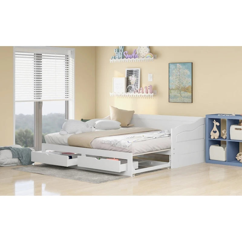 Divano letto allungabile in legno di pino bianco con 2 cassetti portaoggetti