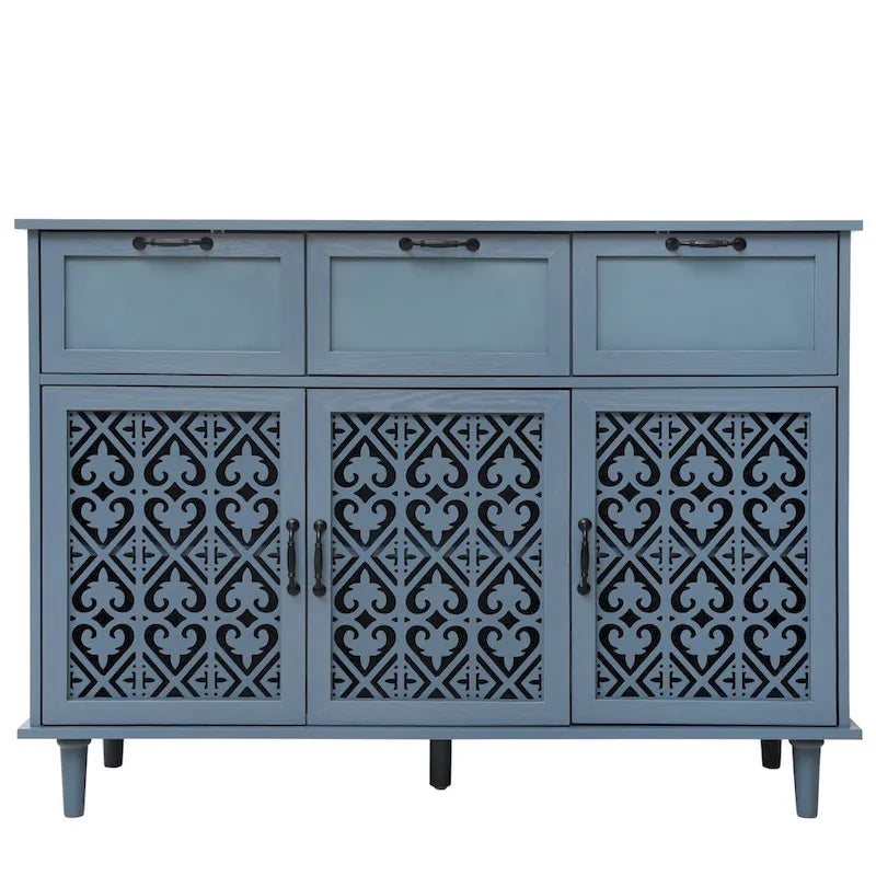 Cassettiera orizzontale in stile retrò da 120 cm con 3 cassetti e 3 ante, pannello intagliato per camera da letto, soggiorno