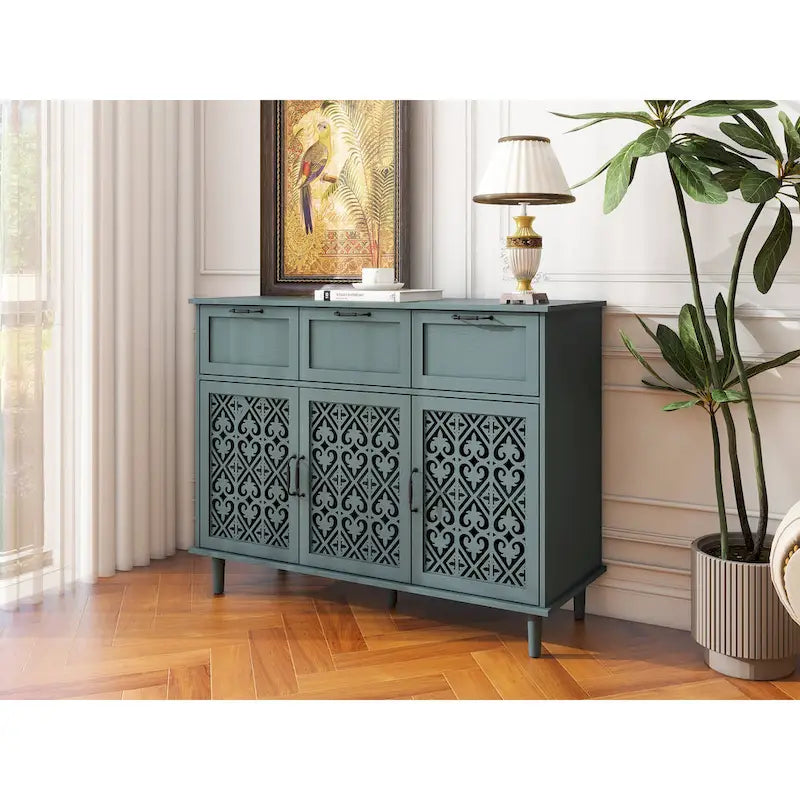 Cassettiera orizzontale in stile retrò da 120 cm con 3 cassetti e 3 ante, pannello intagliato per camera da letto, soggiorno