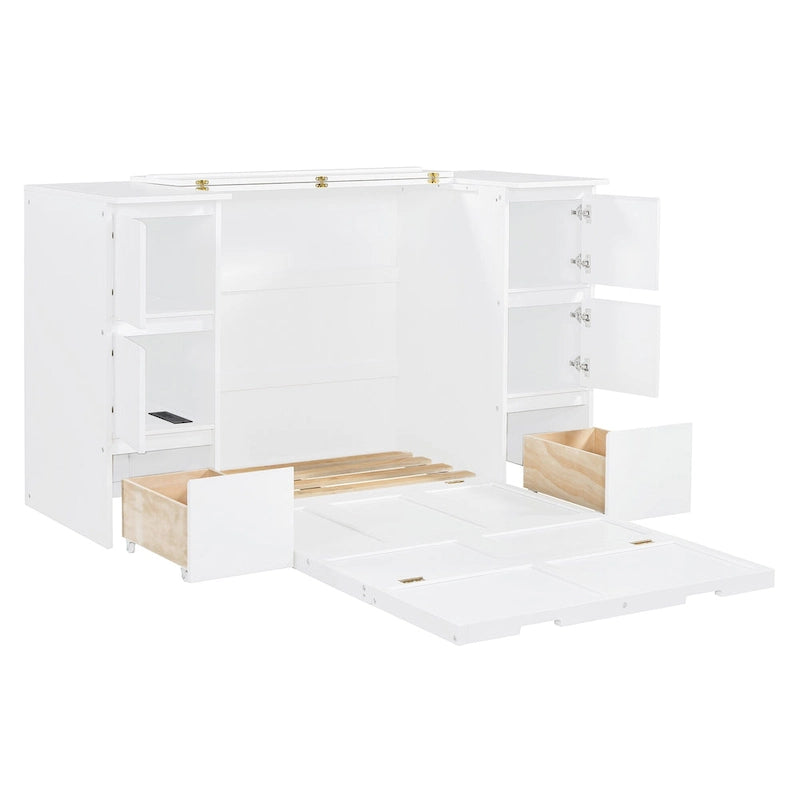 Letto a scomparsa con cassetti, armadietti e porte USB