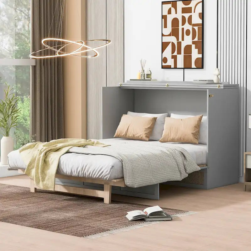 Letto a scomparsa matrimoniale grigio con contenitore versatile e ampi cassetti