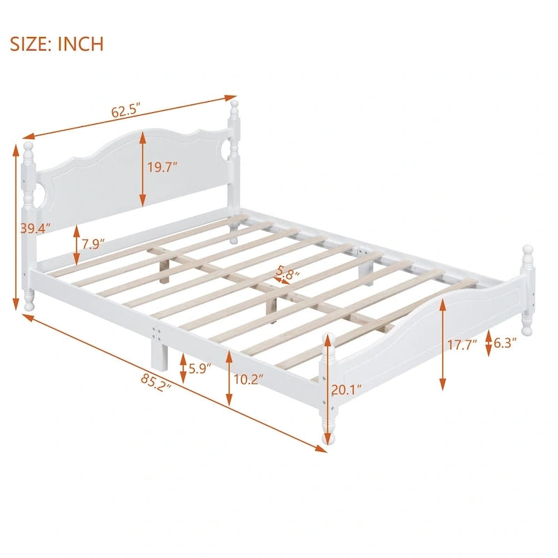 Struttura Letto a Piattaforma in Legno di Pino in Stile Retrò con Testiera e Pediera, Supporto a Doghe in Legno