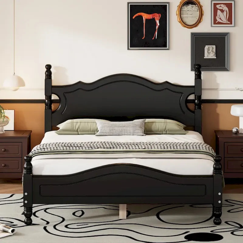Struttura Letto a Piattaforma in Legno di Pino in Stile Retrò con Testiera e Pediera, Supporto a Doghe in Legno