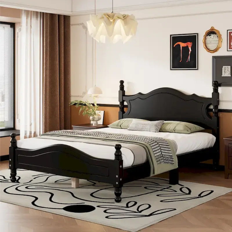 Struttura Letto a Piattaforma in Legno di Pino in Stile Retrò con Testiera e Pediera, Supporto a Doghe in Legno
