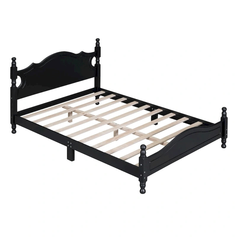 Struttura Letto a Piattaforma in Legno di Pino in Stile Retrò con Testiera e Pediera, Supporto a Doghe in Legno