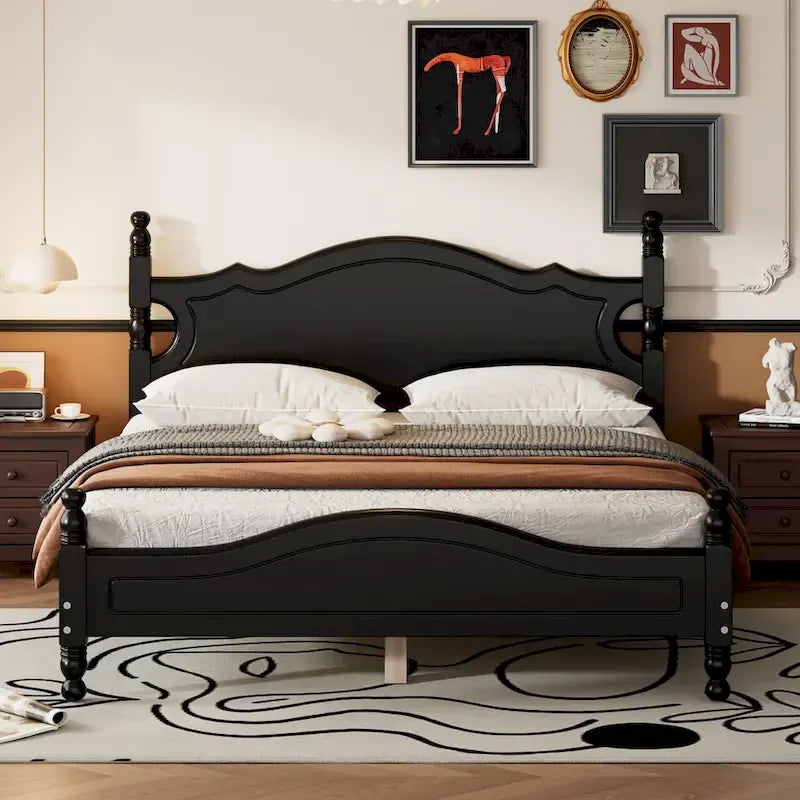 Struttura Letto a Piattaforma in Legno di Pino in Stile Retrò con Testiera e Pediera, Supporto a Doghe in Legno