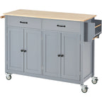 Carrello da Cucina/Isola Essenziale in MDF con Piano in Legno Massello, Ruote Bloccabili e Portaspezie