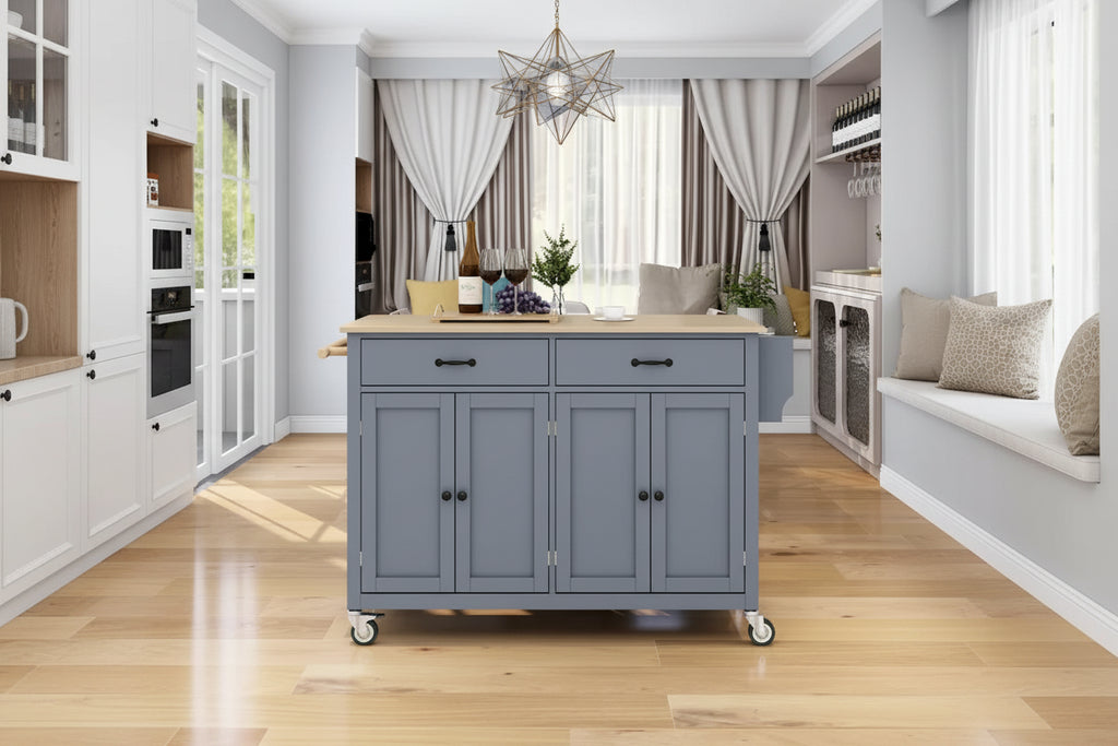 Carrello da Cucina/Isola Essenziale in MDF con Piano in Legno Massello, Ruote Bloccabili e Portaspezie