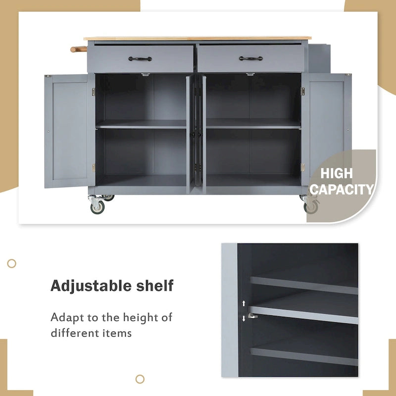 Carrello da Cucina/Isola Essenziale in MDF con Piano in Legno Massello, Ruote Bloccabili e Portaspezie