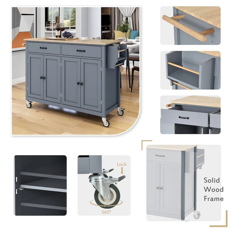 Carrello da Cucina/Isola Essenziale in MDF con Piano in Legno Massello, Ruote Bloccabili e Portaspezie